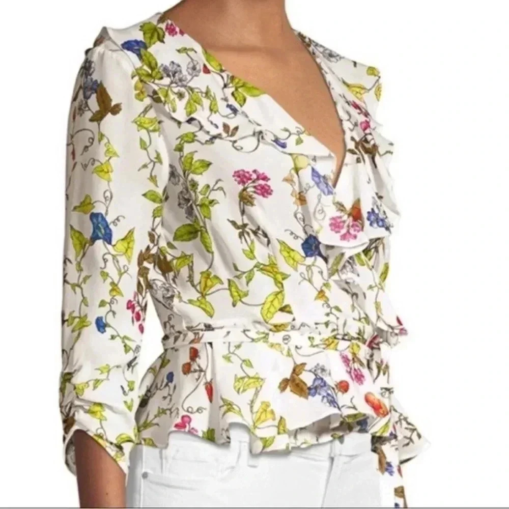 MILLY Women's White Floral Ruffle Wrap Blouse Size 2